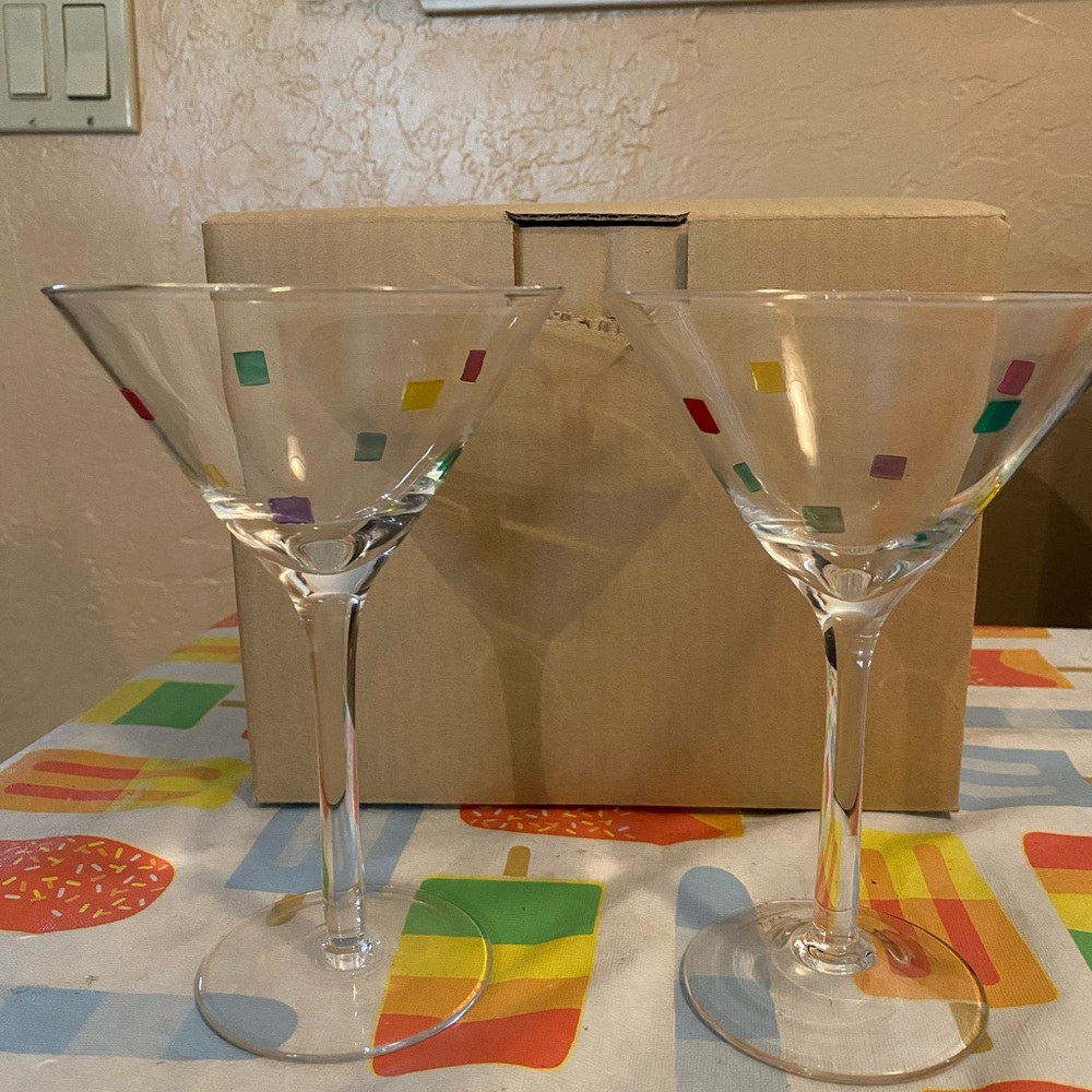 2 Festive Martini Glasses with Confetti design. New In Box